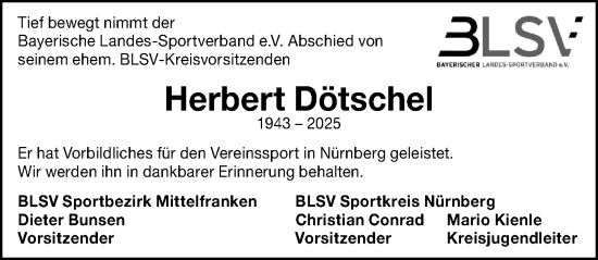 Traueranzeige von Herbert Dötschel von Gesamtausgabe Nürnberger Nachrichten/ Nürnberger Ztg.