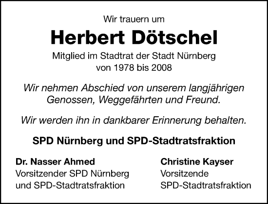 Traueranzeige von Herbert Dötschel von Gesamtausgabe Nürnberger Nachrichten/ Nürnberger Ztg.