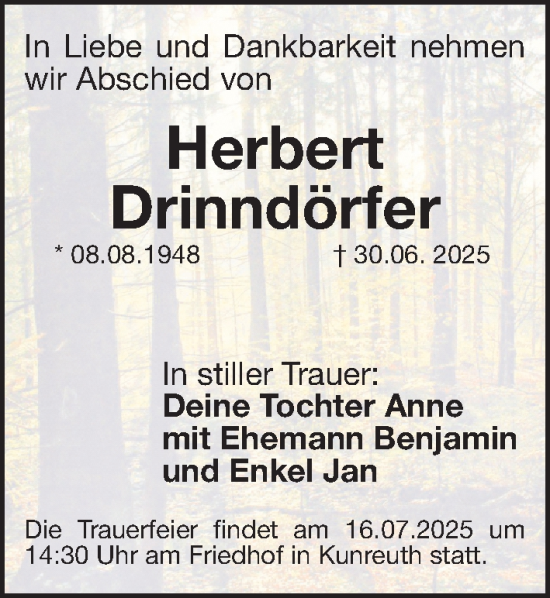 Traueranzeige von Herbert Drinndörfer von Nordbayerische Nachrichten Forchheim Lokal