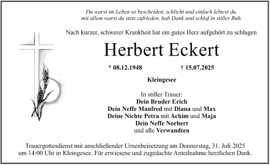 Traueranzeige von Herbert Eckert von Nordbayerische Nachrichten Forchheim Lokal