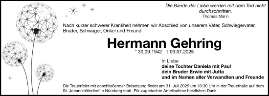 Traueranzeige von Hermann Gehring von Gesamtausgabe Nürnberger Nachrichten/ Nürnberger Ztg.