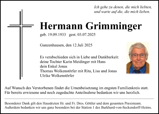 Traueranzeige von Hermann Grimminger  von Altmühl-Bote Lokal