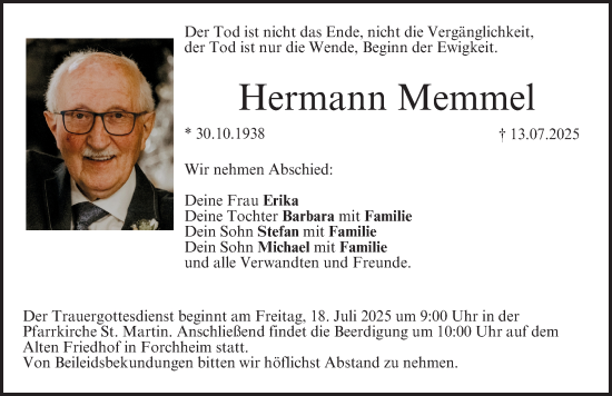 Traueranzeige von Hermann Memmel von Nordbayerische Nachrichten Forchheim Lokal