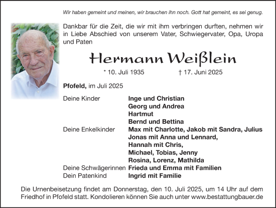 Traueranzeige von Hermann Weißlein von Altmühl-Bote Lokal