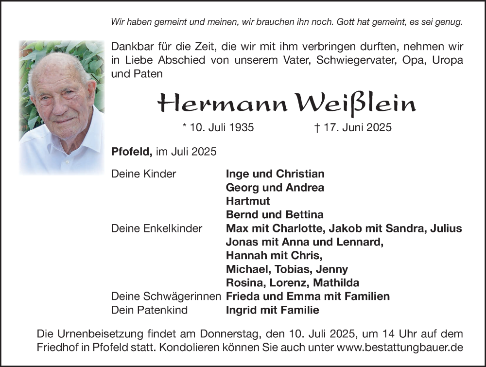  Traueranzeige für Hermann Weißlein vom 05.07.2025 aus Altmühl-Bote Lokal