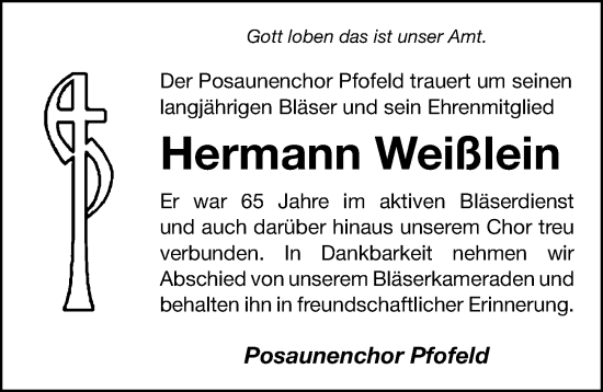 Traueranzeige von Hermann Weißlein von Altmühl-Bote Lokal