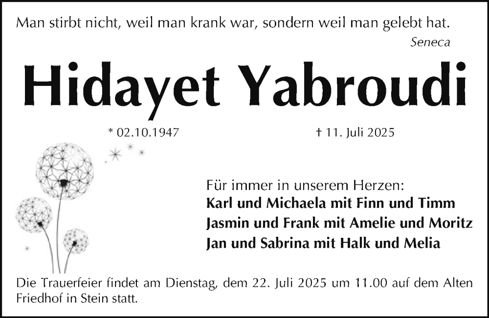  Traueranzeige für Hidayet Yabroudi vom 19.07.2025 aus Gesamtausgabe Nürnberger Nachrichten/ Nürnberger Ztg.