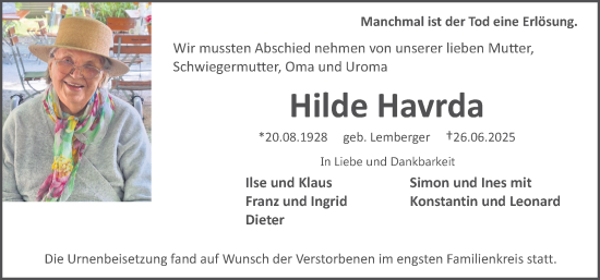 Traueranzeige von Hilde Havrda von Erlanger Nachrichten Lokal