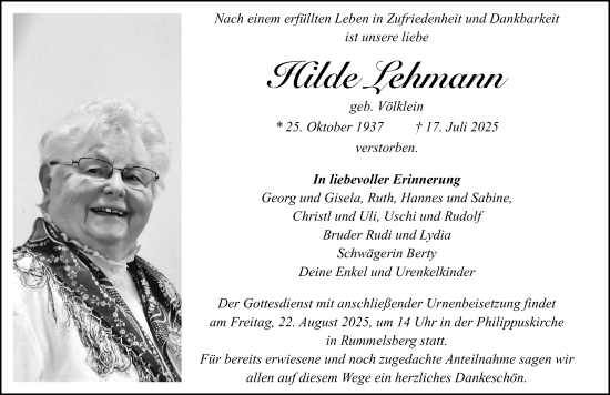 Traueranzeige von Hilde Lehmann von Erlanger Nachrichten Lokal
