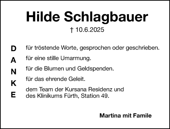 Traueranzeige von Hilde Schlagbauer von Gesamtausgabe Nürnberger Nachrichten/ Nürnberger Ztg.