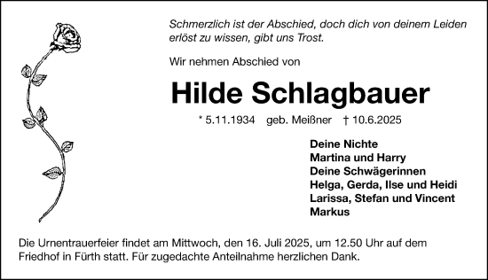 Traueranzeige von Hilde Schlagbauer von Gesamtausgabe Nürnberger Nachrichten/ Nürnberger Ztg.