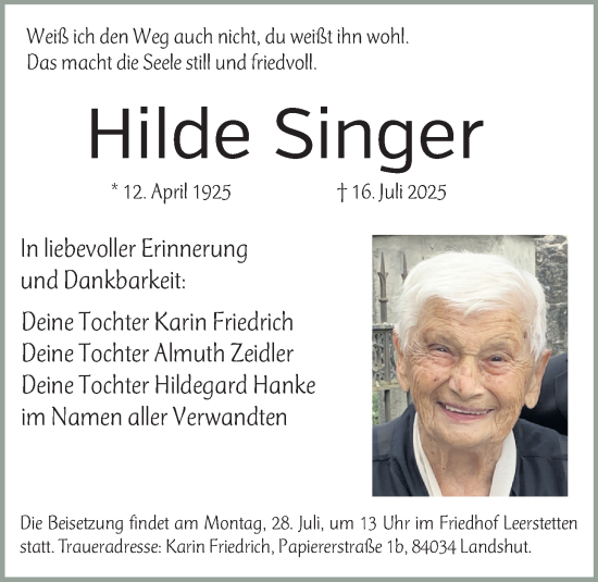 Traueranzeige von Hilde Singer von Roth-Hilpoltsteiner Volkszeitung Lokal