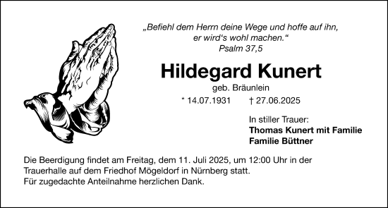 Traueranzeige von Hildegard Kunert von Gesamtausgabe Nürnberger Nachrichten/ Nürnberger Ztg.