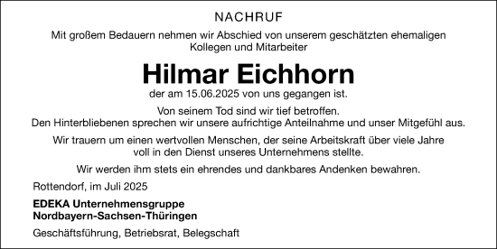 Traueranzeige von Hilmar Eichhorn von Gesamtausgabe Nürnberger Nachrichten/ Nürnberger Ztg.