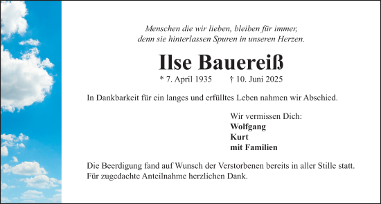 Traueranzeige von Ilse Bauereiß von Gesamtausgabe Nürnberger Nachrichten/ Nürnberger Ztg./ Fürther Nachrichten