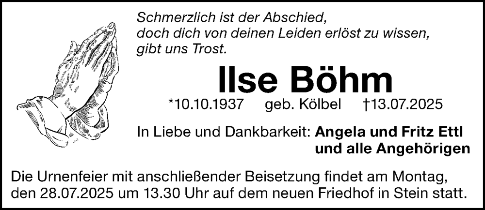  Traueranzeige für Ilse Böhm vom 23.07.2025 aus Gesamtausgabe Nürnberger Nachrichten/ Nürnberger Ztg.