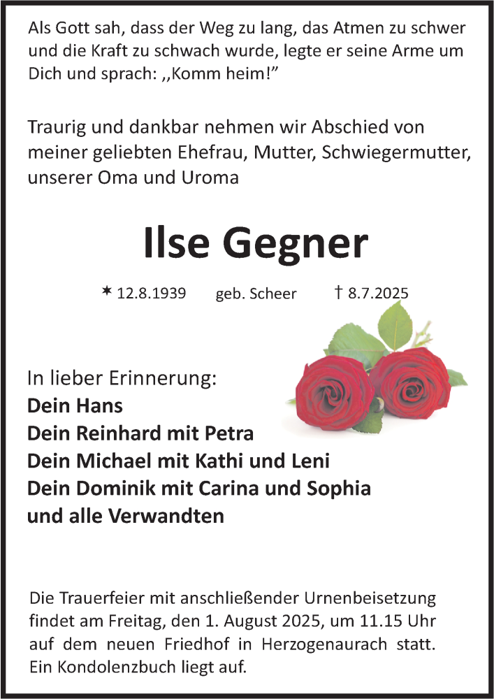 Traueranzeige für Ilse Gegner vom 19.07.2025 aus Nordbayerische Nachrichten Herzogenaurach Lokal