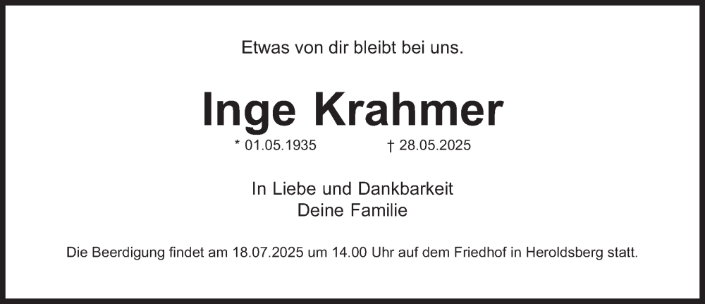  Traueranzeige für Inge Krahmer vom 05.07.2025 aus Gesamtausgabe Nürnberger Nachrichten/ Nürnberger Ztg.