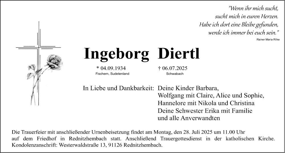  Traueranzeige für Ingeborg Diertl vom 23.07.2025 aus Schwabacher Tagblatt Lokal