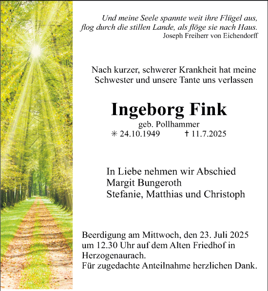 Traueranzeige von Ingeborg Fink von Erlanger Nachrichten Lokal