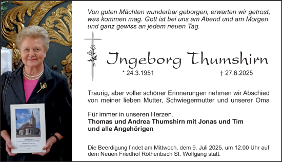 Traueranzeige von Ingeborg Thumshirn von Gesamtausgabe Nürnberger Nachrichten/ Nürnberger Ztg.