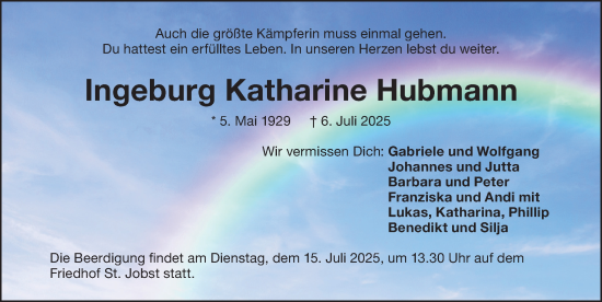 Traueranzeige von Ingeburg Katharine Hubmann von Gesamtausgabe Nürnberger Nachrichten/ Nürnberger Ztg.