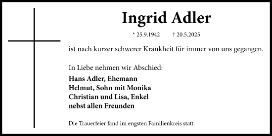 Traueranzeige von Ingrid Adler von Fürther Nachrichten Lokal