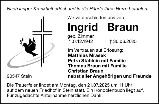 Traueranzeige von Ingrid Braun von Gesamtausgabe Nürnberger Nachrichten/ Nürnberger Ztg.
