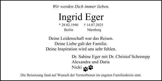 Traueranzeige von Ingrid Eger von Gesamtausgabe Nürnberger Nachrichten/ Nürnberger Ztg.
