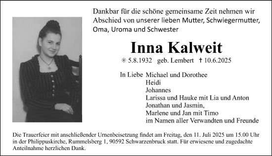 Traueranzeige von Inna Kalweit von Erlanger Nachrichten Lokal