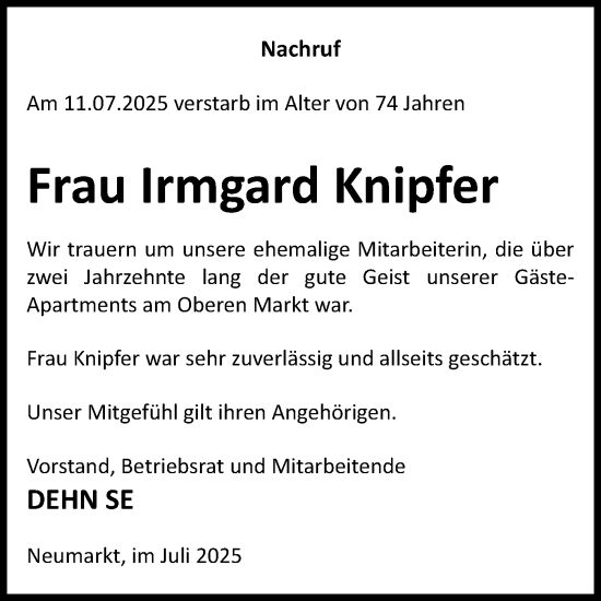 Traueranzeige von Irmgard Knipfer von Neumarkter Nachrichten Lokal