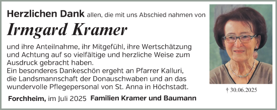 Traueranzeige von Irmgard Kramer von Nordbayerische Nachrichten Forchheim Lokal