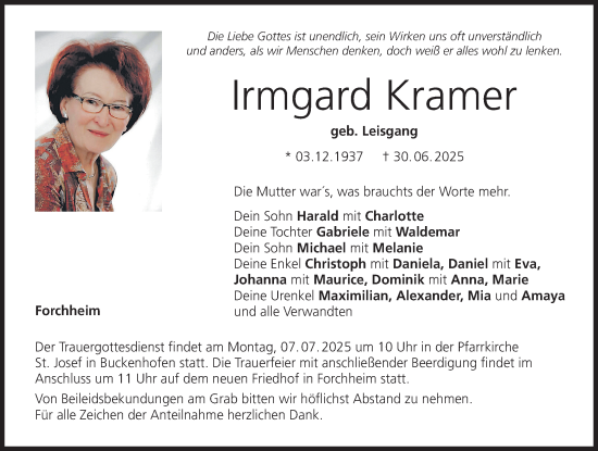 Traueranzeige von Irmgard Kramer von Nordbayerische Nachrichten Forchheim Lokal