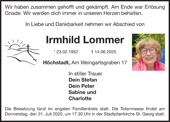 Traueranzeige von Irmhild Lommer von Nordbayerische Nachrichten Herzogenaurach Lokal