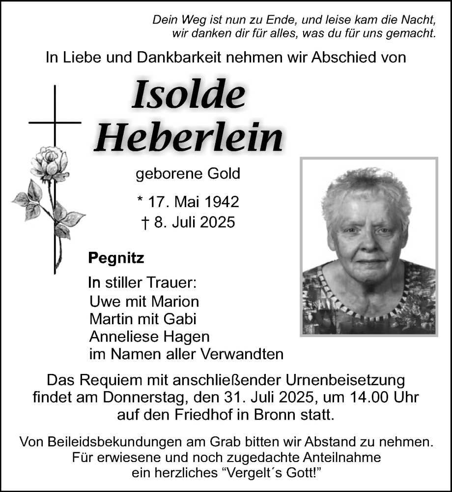  Traueranzeige für Isolde Heberlein vom 26.07.2025 aus Nordbayerische Nachrichten Pegnitz Lokal