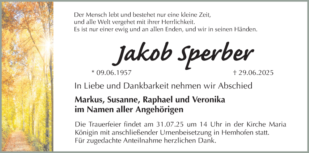  Traueranzeige für Jakob Sperber vom 26.07.2025 aus Erlanger Nachrichten Lokal