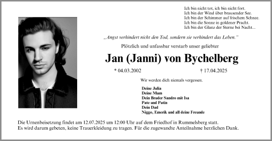 Traueranzeige von Jan von Bychelberg von Gesamtausgabe Nürnberger Nachrichten/ Nürnberger Ztg.