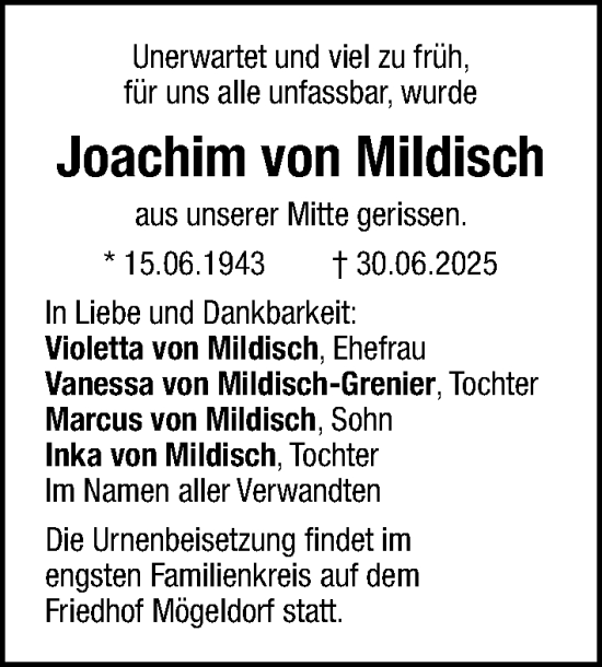 Traueranzeige von Joachim von Mildisch von Gesamtausgabe Nürnberger Nachrichten/ Nürnberger Ztg.