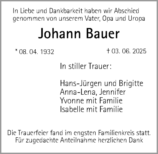 Traueranzeige von Johann Bauer von Gesamtausgabe Nürnberger Nachrichten/ Nürnberger Ztg.