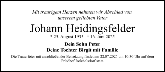 Traueranzeige von Johann Heidingsfelder von Gesamtausgabe Nürnberger Nachrichten/ Nürnberger Ztg.
