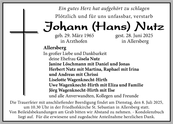 Traueranzeige von Johann Nutz von Roth-Hilpoltsteiner Volkszeitung Lokal