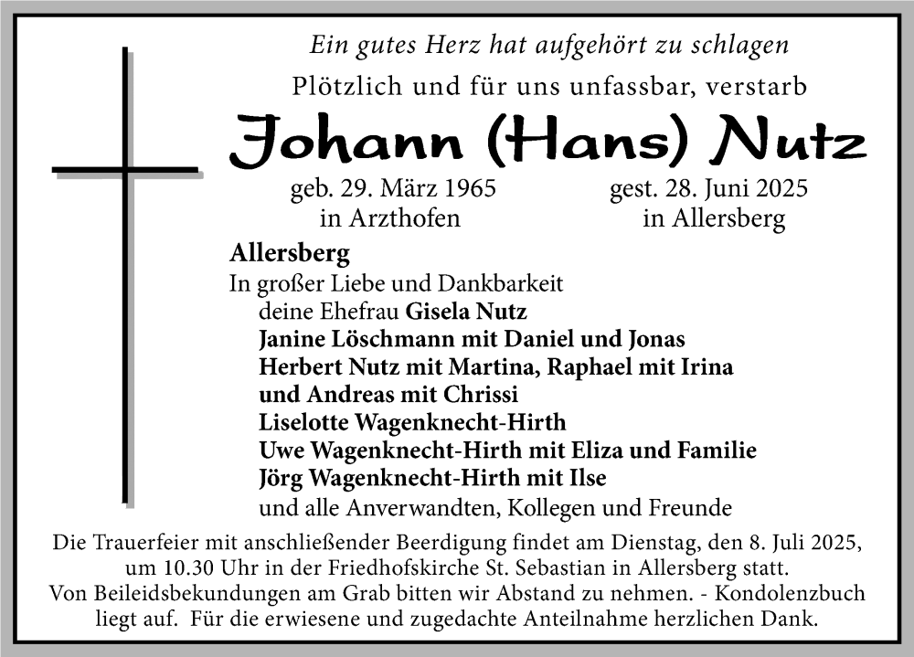  Traueranzeige für Johann Nutz vom 05.07.2025 aus Roth-Hilpoltsteiner Volkszeitung Lokal