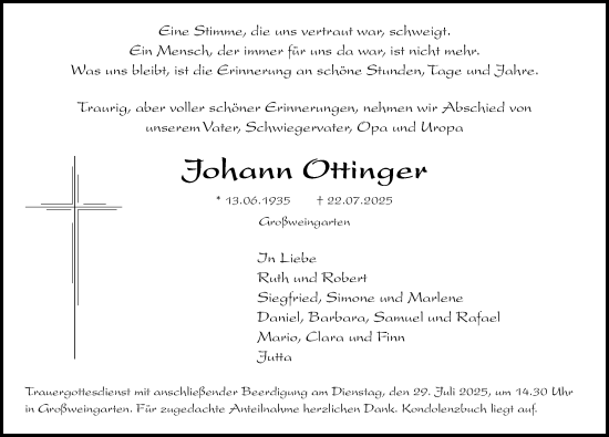 Traueranzeige von Johann Ottinger von Roth-Hilpoltsteiner Volkszeitung Lokal