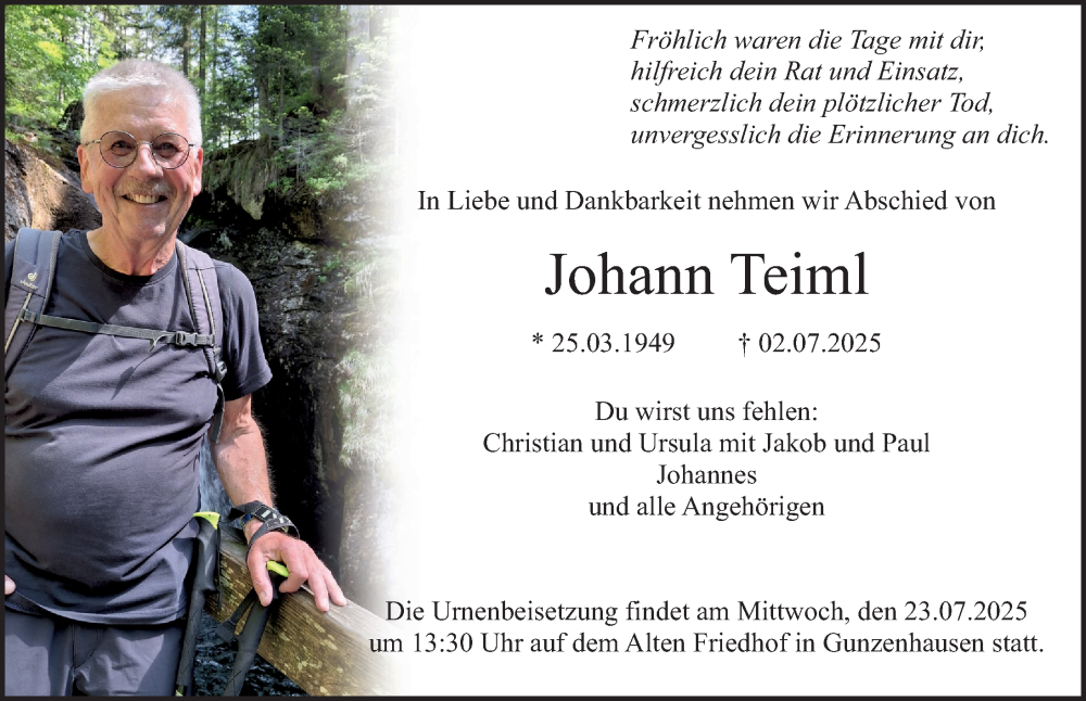  Traueranzeige für Johann Teiml vom 19.07.2025 aus Altmühl-Bote Lokal