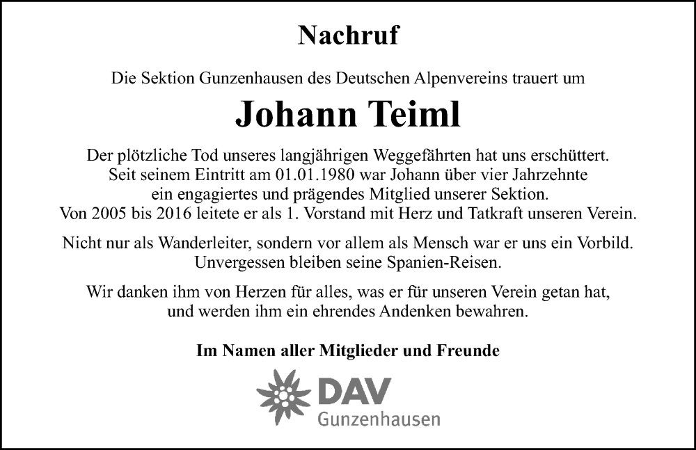  Traueranzeige für Johann Teiml vom 19.07.2025 aus Altmühl-Bote Lokal
