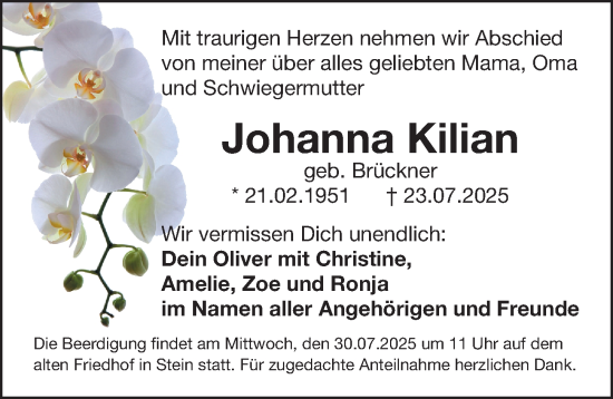 Traueranzeige von Johanna Kilian von Gesamtausgabe Nürnberger Nachrichten/ Nürnberger Ztg.