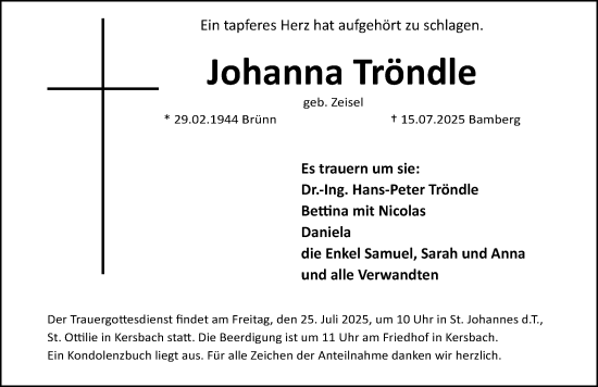 Traueranzeige von Johanna Tröndle von Nordbayer. Nachrichten Forchheim/ Erlanger Nachrichten