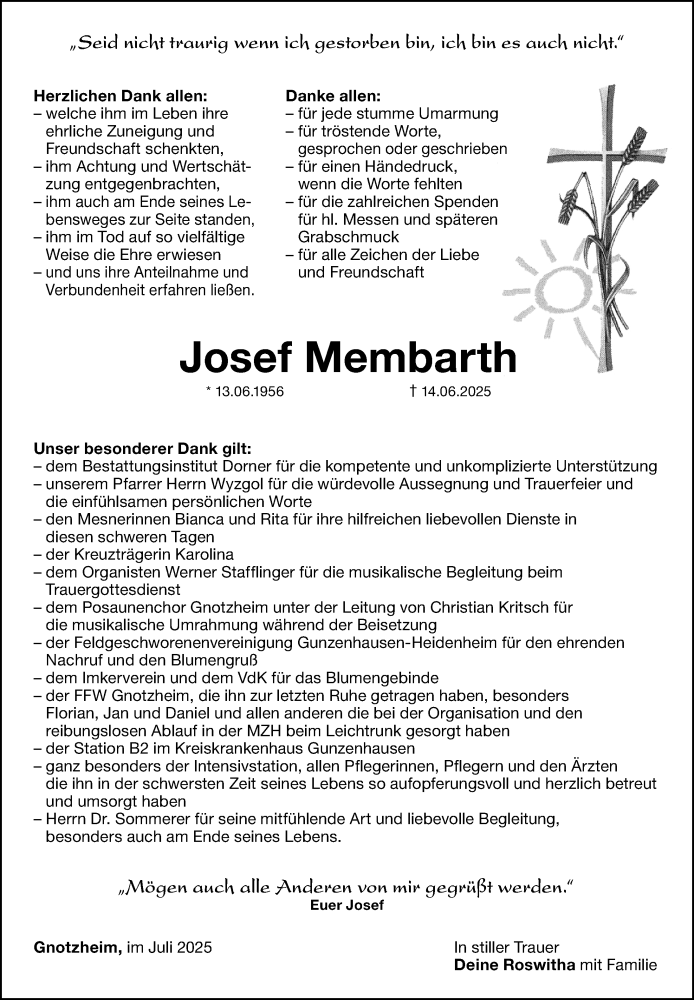  Traueranzeige für Josef Membarth vom 12.07.2025 aus Altmühl-Bote Lokal