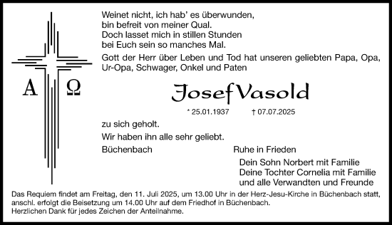 Traueranzeige von Josef Vasold von Roth-Hilpoltsteiner Volkszeitung Lokal