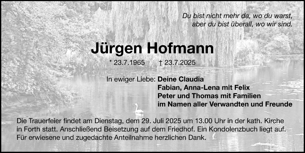  Traueranzeige für Jürgen Hofmann vom 26.07.2025 aus Gesamtausgabe Nürnberger Nachrichten/ Nürnberger Ztg.